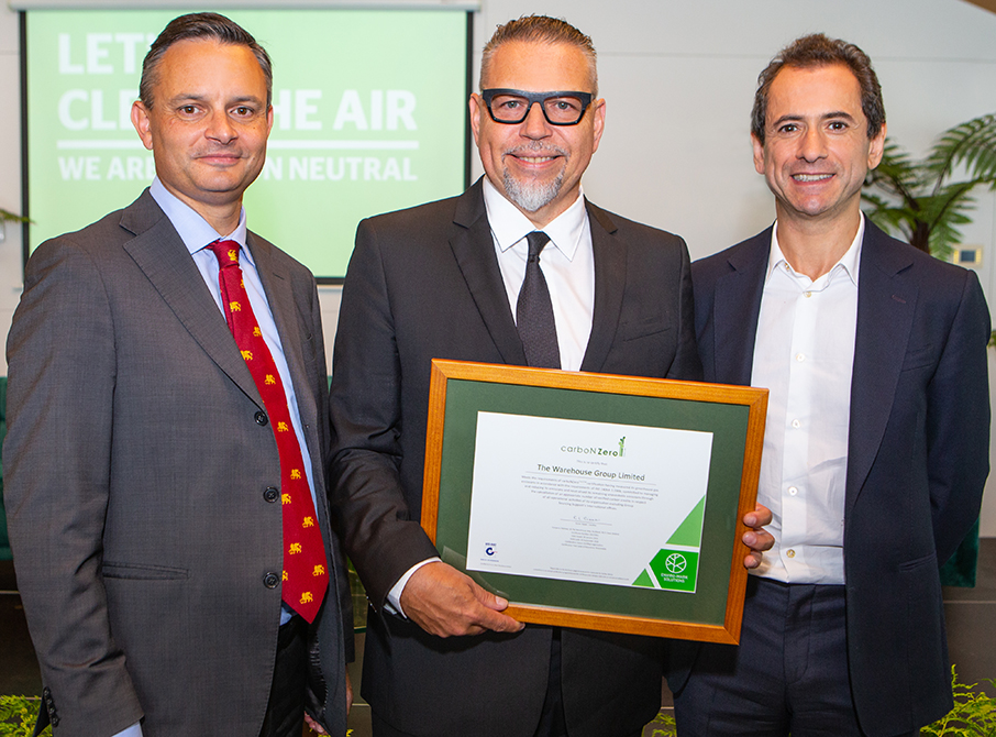 Minister for the Climate The Hon. James Shaw. The Warehouse Group CEO Nick Grayston, CSO David Benattar